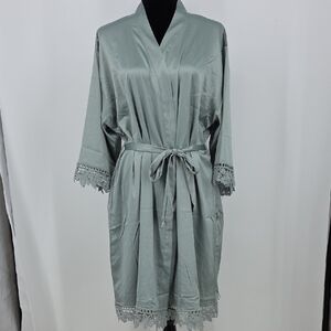 Light Sage Green Satin Lace-Trim Robe with Tie Belt